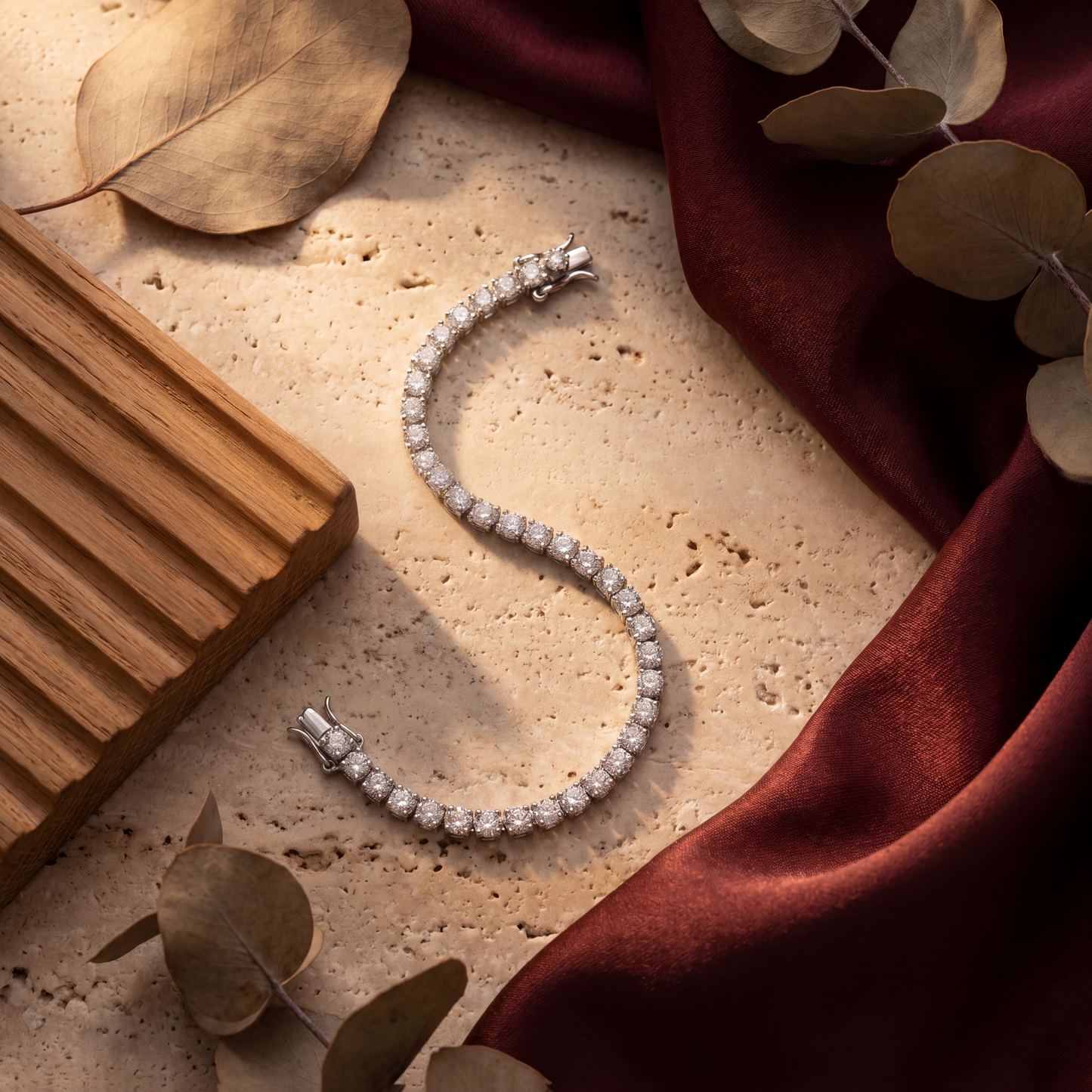 Diamond bracelet on a textured surface with leaves and fabric