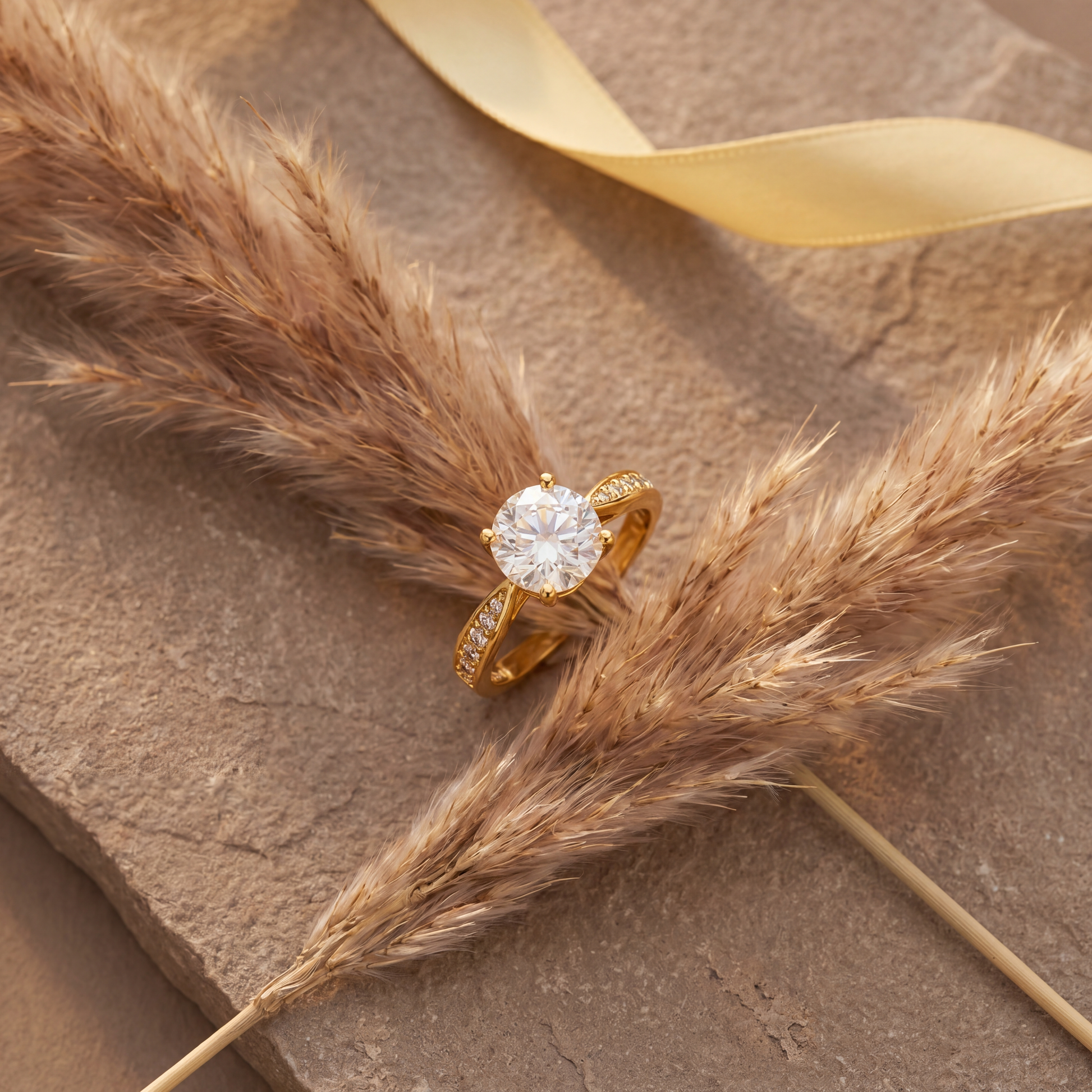 Gold ring with a large diamond on a stone surface with pampas grass and a yellow ribbon.