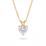 Heart-shaped diamond pendant on a gold chain against a white background