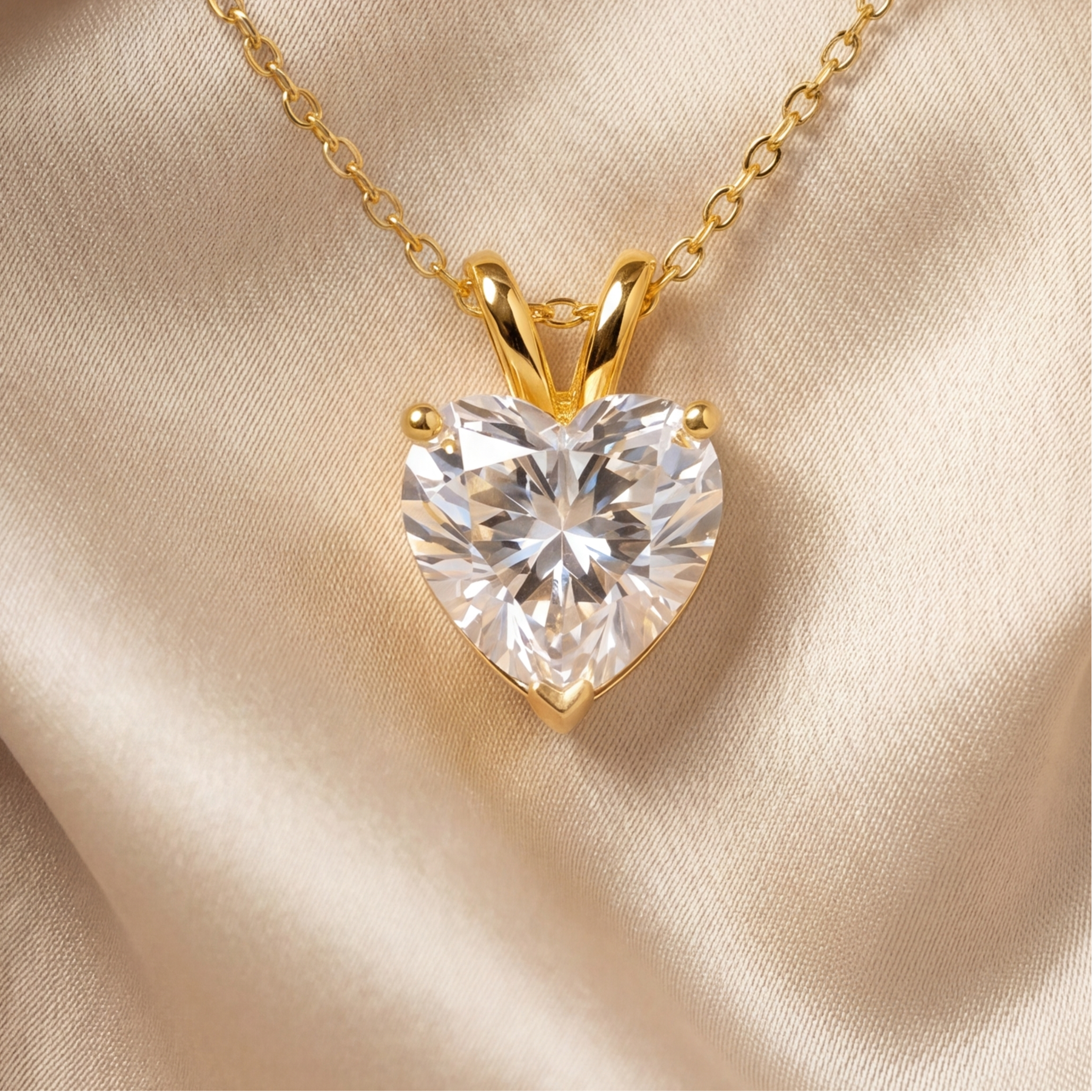 Heart-shaped diamond pendant on a gold chain against a beige satin background