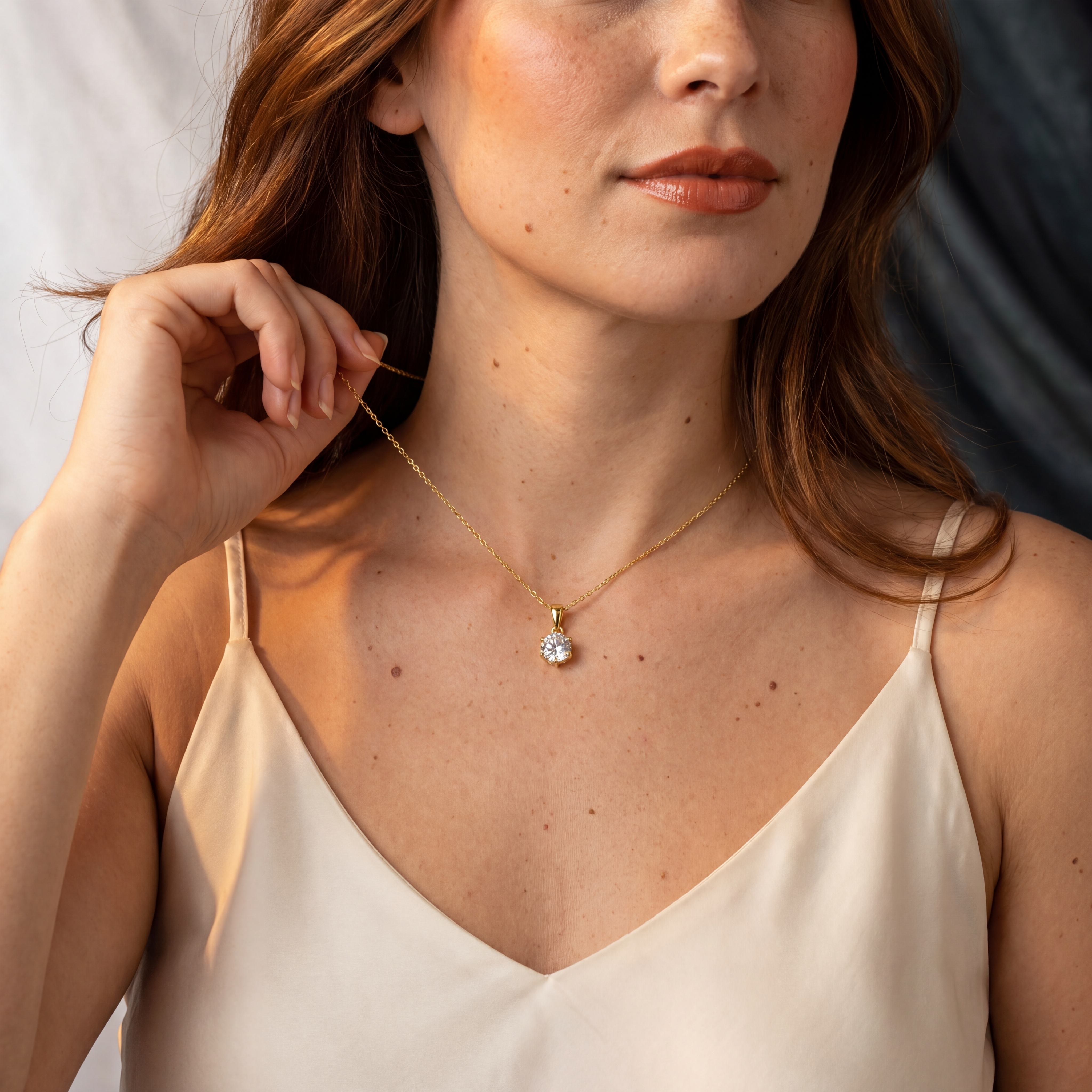 Woman wearing MOHRA Round Solitaire Pendant in 18K gold, 1ct round moissanite