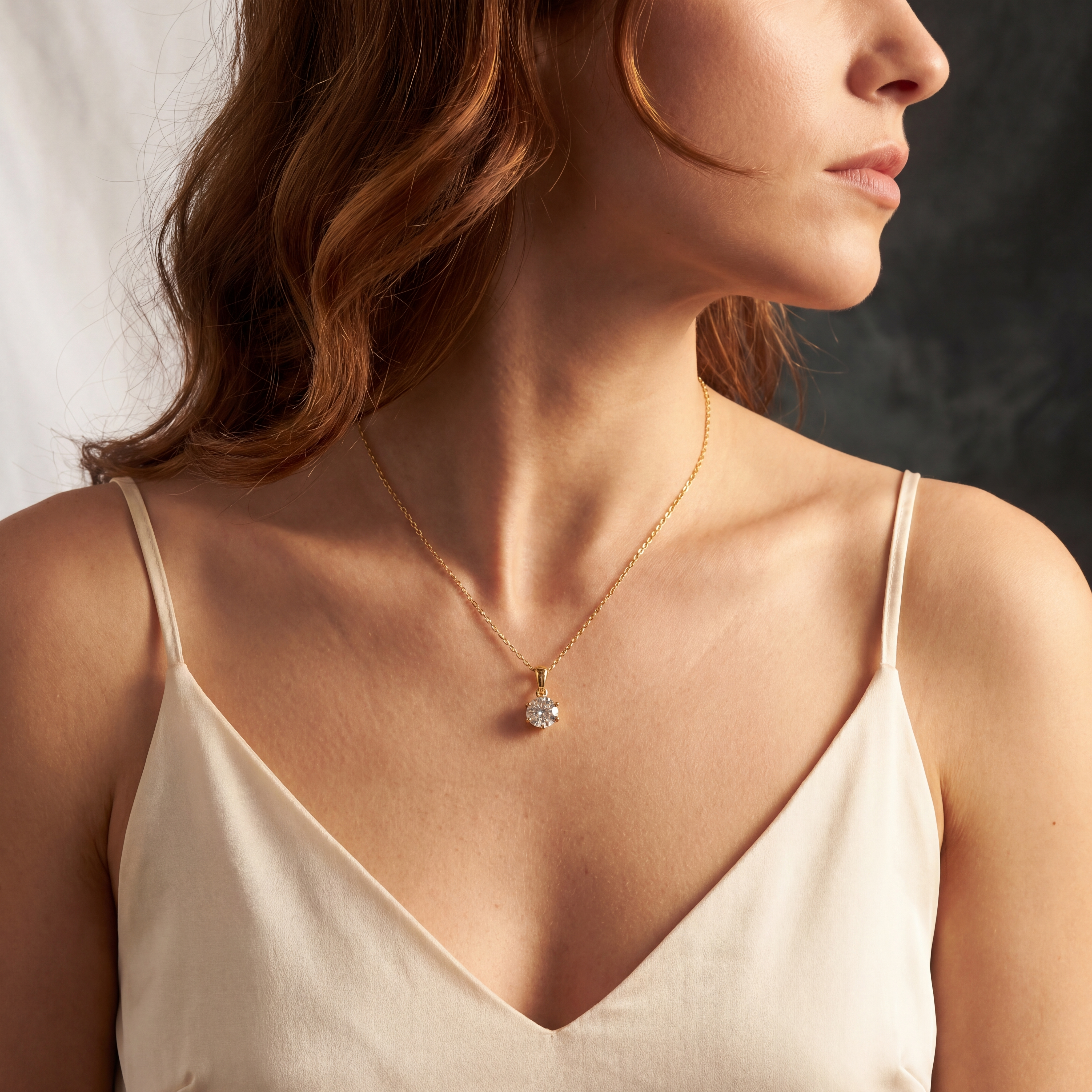 Woman wearing MOHRA Round Solitaire Pendant in 18K gold, 1ct round moissanite