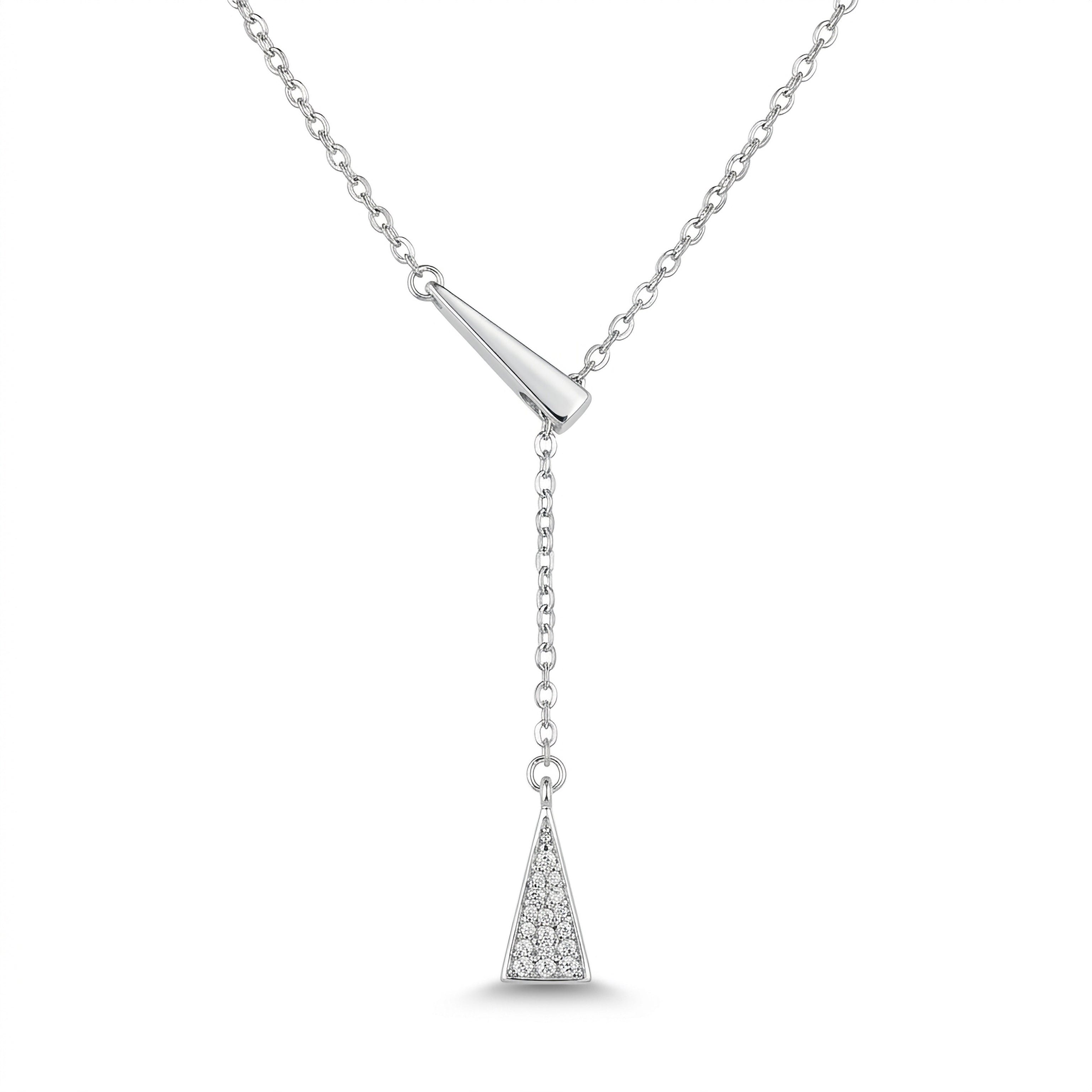 Silver necklace with a triangular pendant on a white background