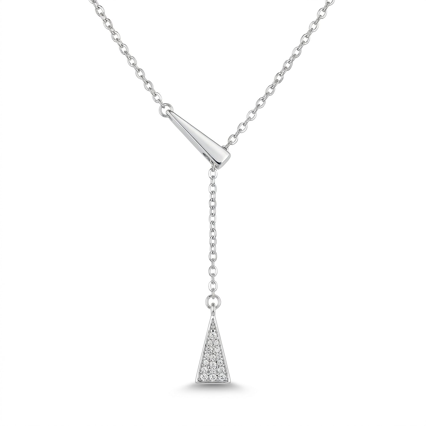 Silver necklace with a triangular pendant on a white background