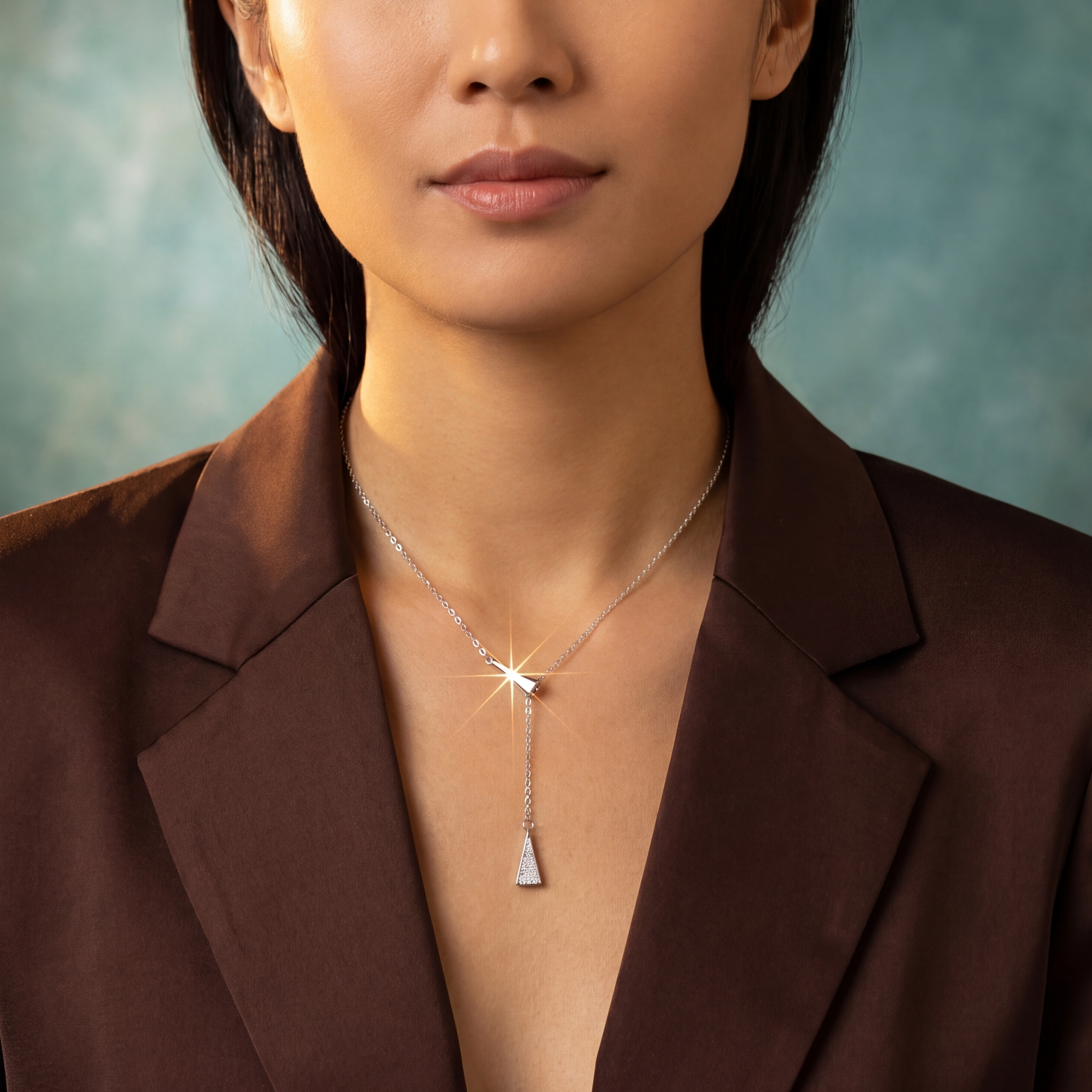 Woman wearing a brown blazer with a necklace against a textured blue background