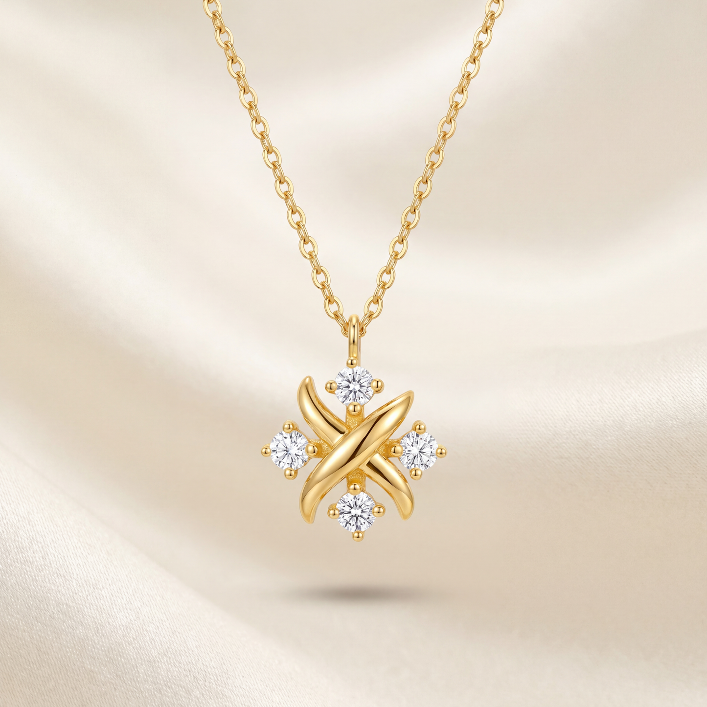 Gold necklace with a star-shaped pendant featuring three diamonds on a beige background