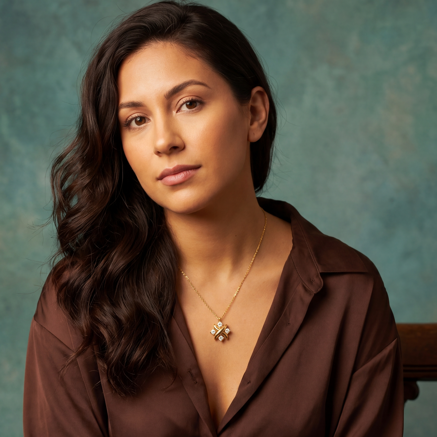 Woman in a brown shirt sitting on a chair against a textured blue background