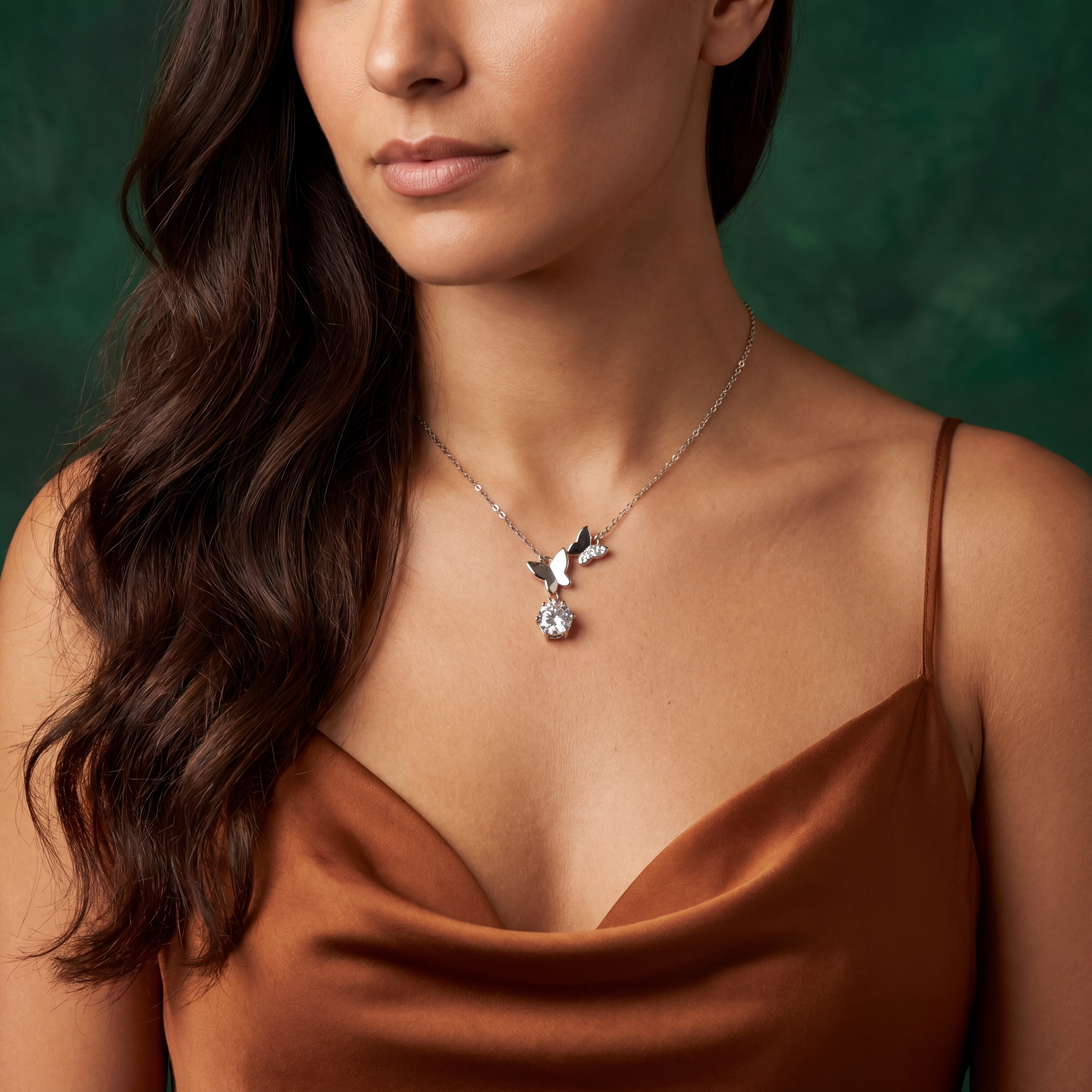 Woman wearing a necklace with a green background
