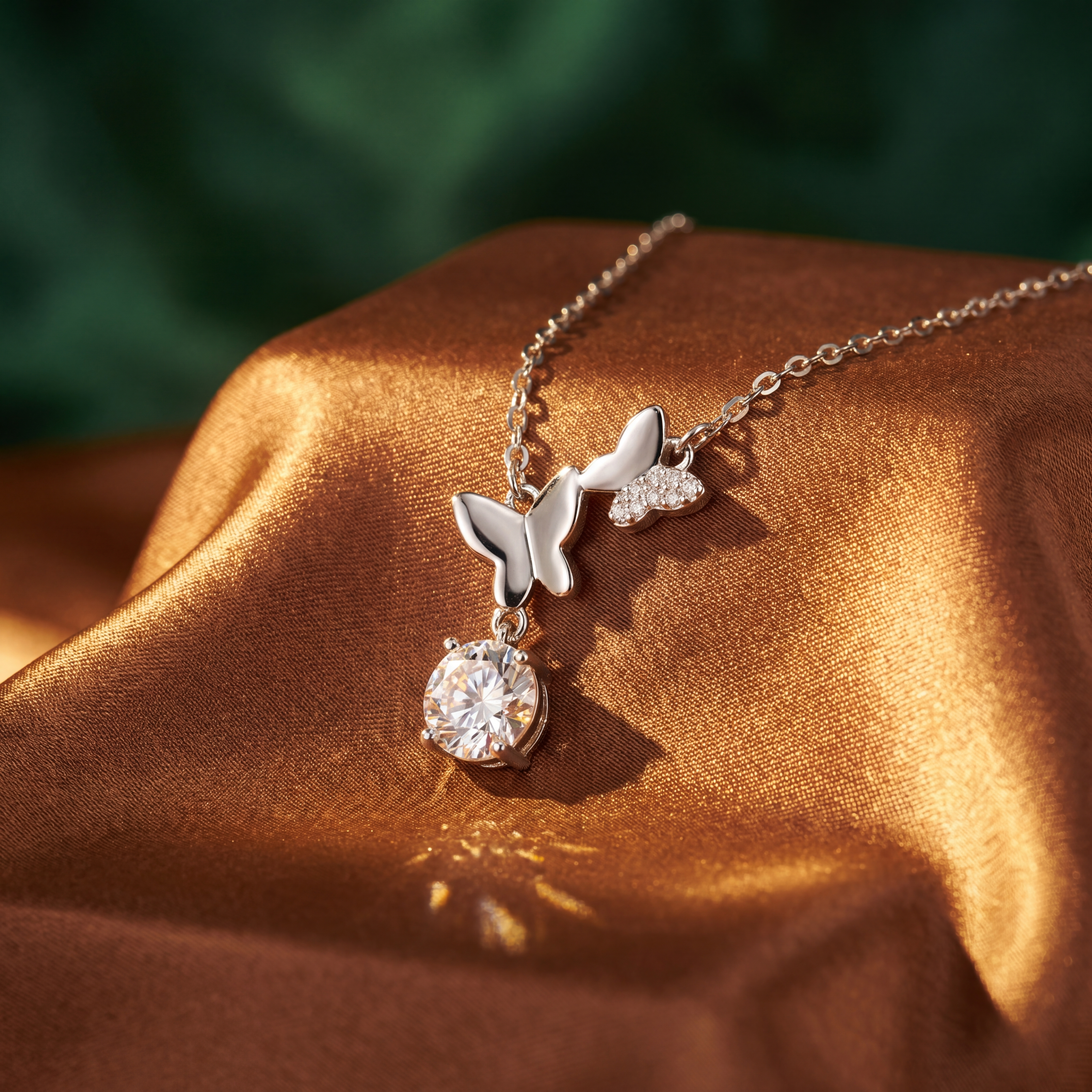 Silver butterfly necklace with a diamond pendant on a brown fabric background