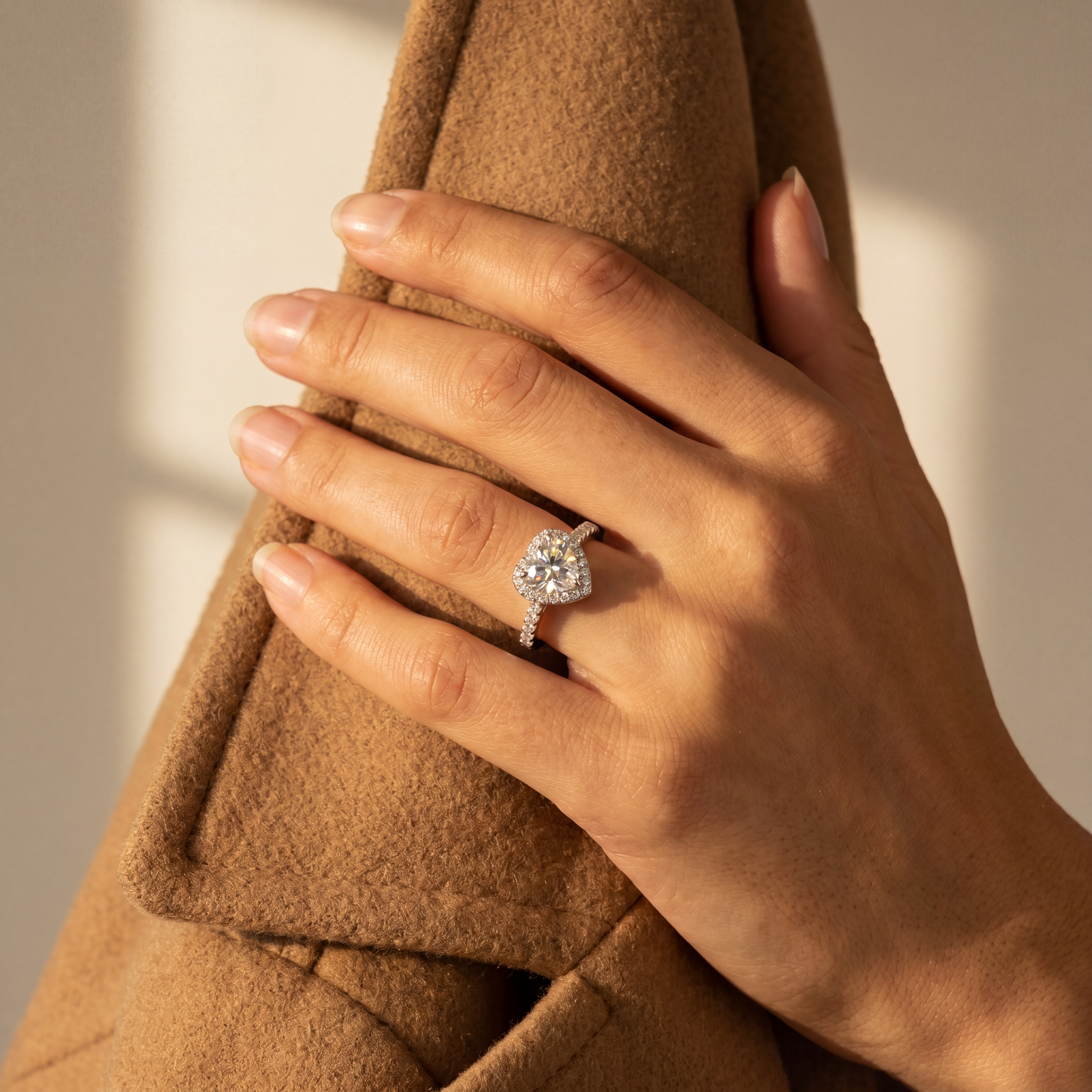 Hand wearing a diamond ring holding a brown coat with a neutral background