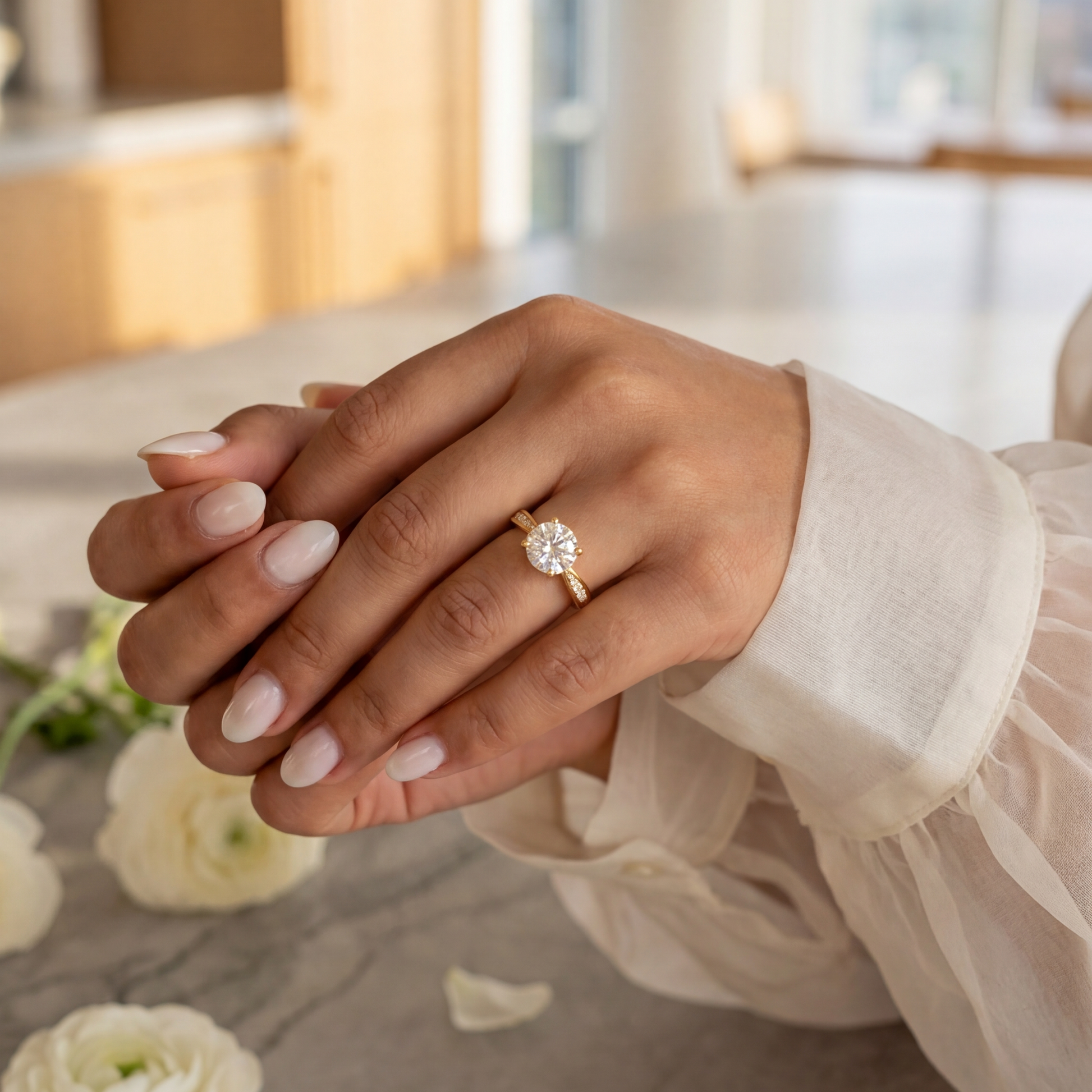 Hand wearing a diamond ring with a blurred indoor background
