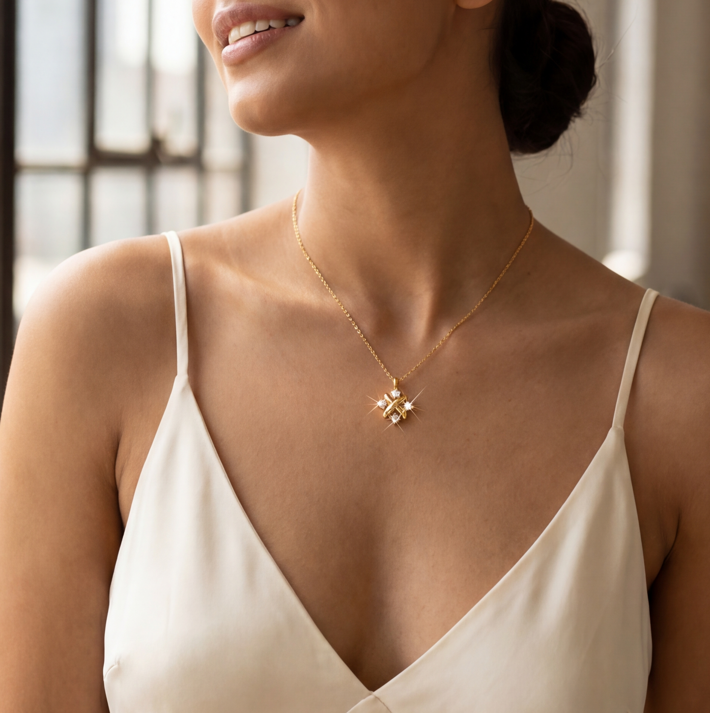 Woman wearing a beige slip dress in a softly lit room