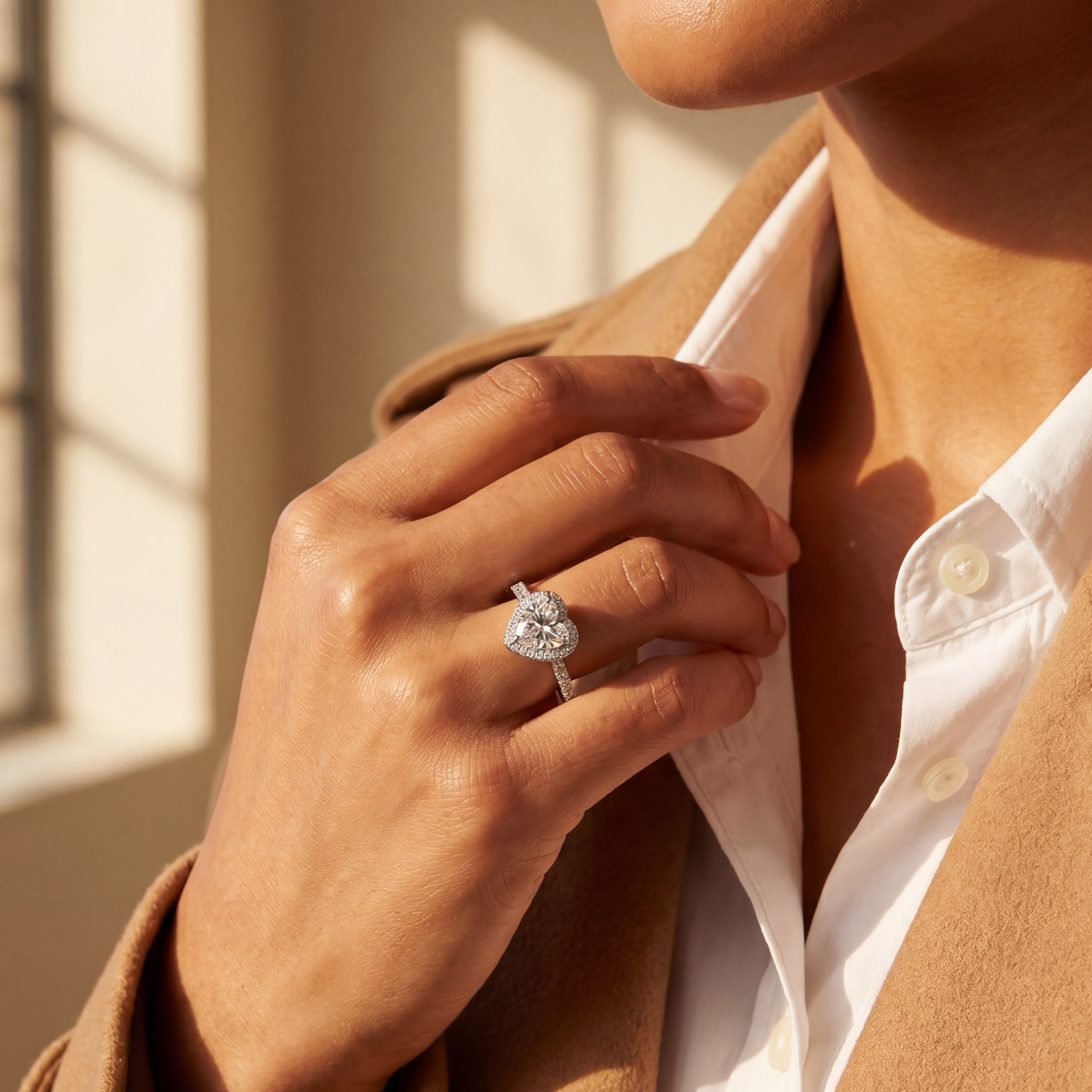 Person wearing a brown coat and white shirt with a diamond ring on a neutral background