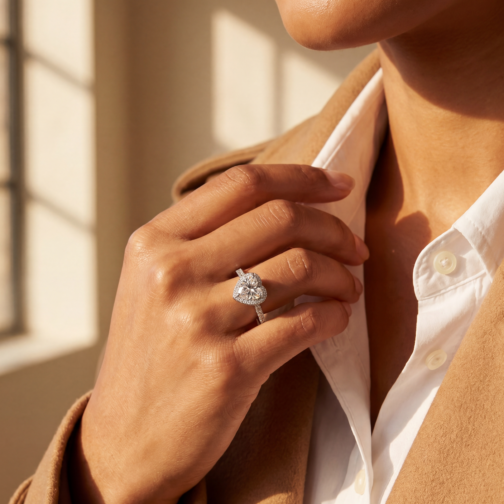 Person wearing a brown coat and white shirt with a diamond ring on a neutral background