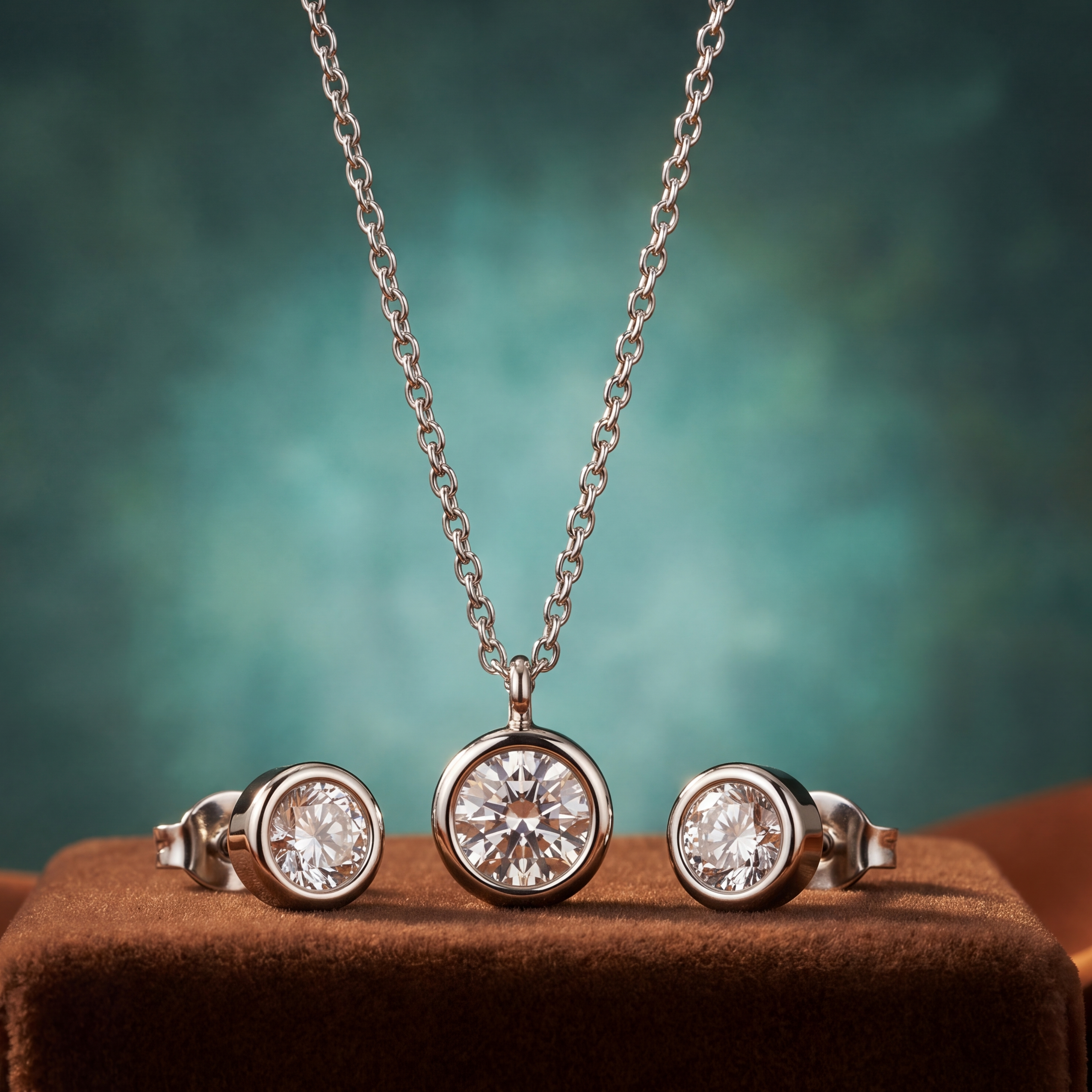 Silver jewelry set with necklace, earrings, and ring on a brown surface with a blurred green background