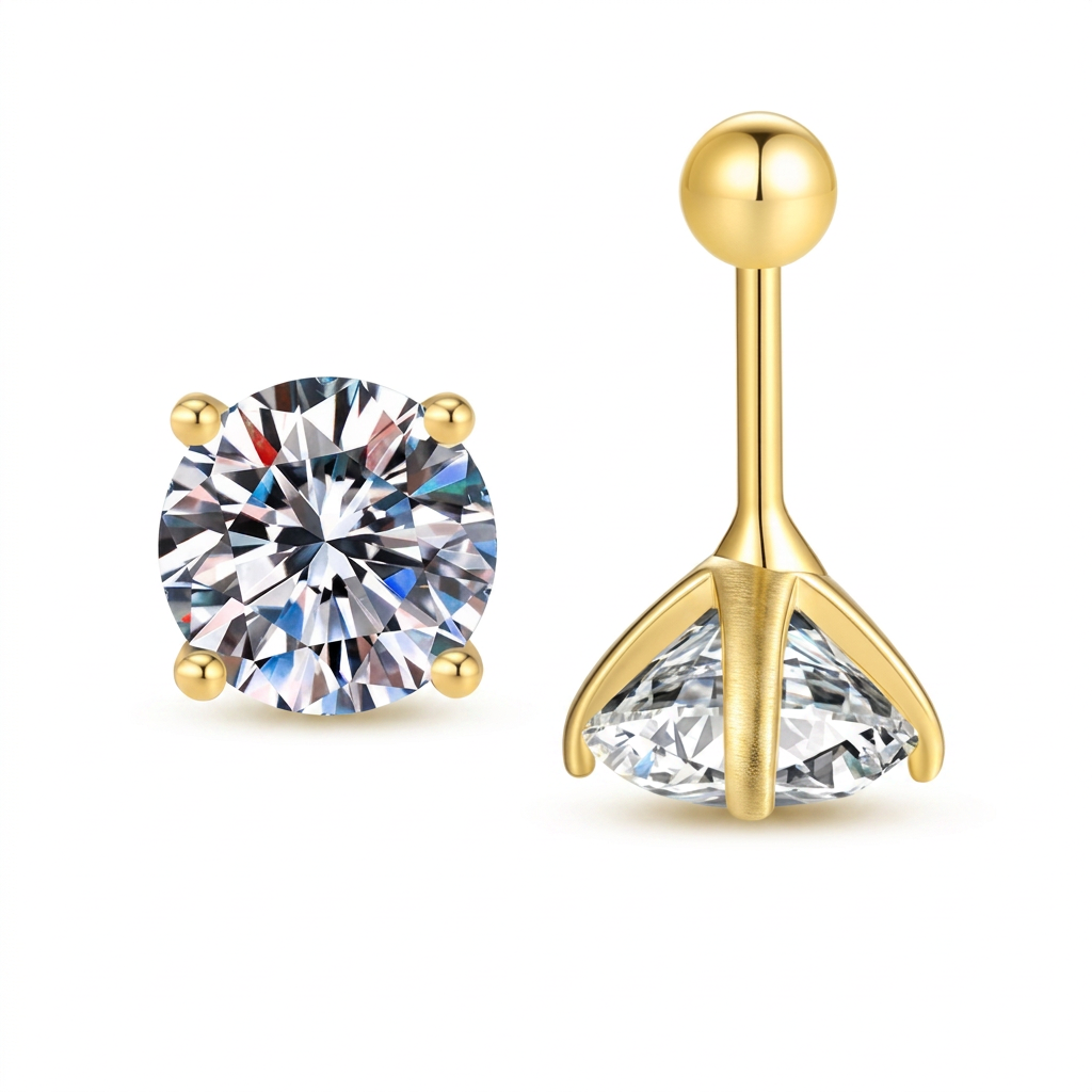 The MOHRA 1ct Moissanite Solitaire Studs in 18K gold-finished silver, round brilliant moissanite