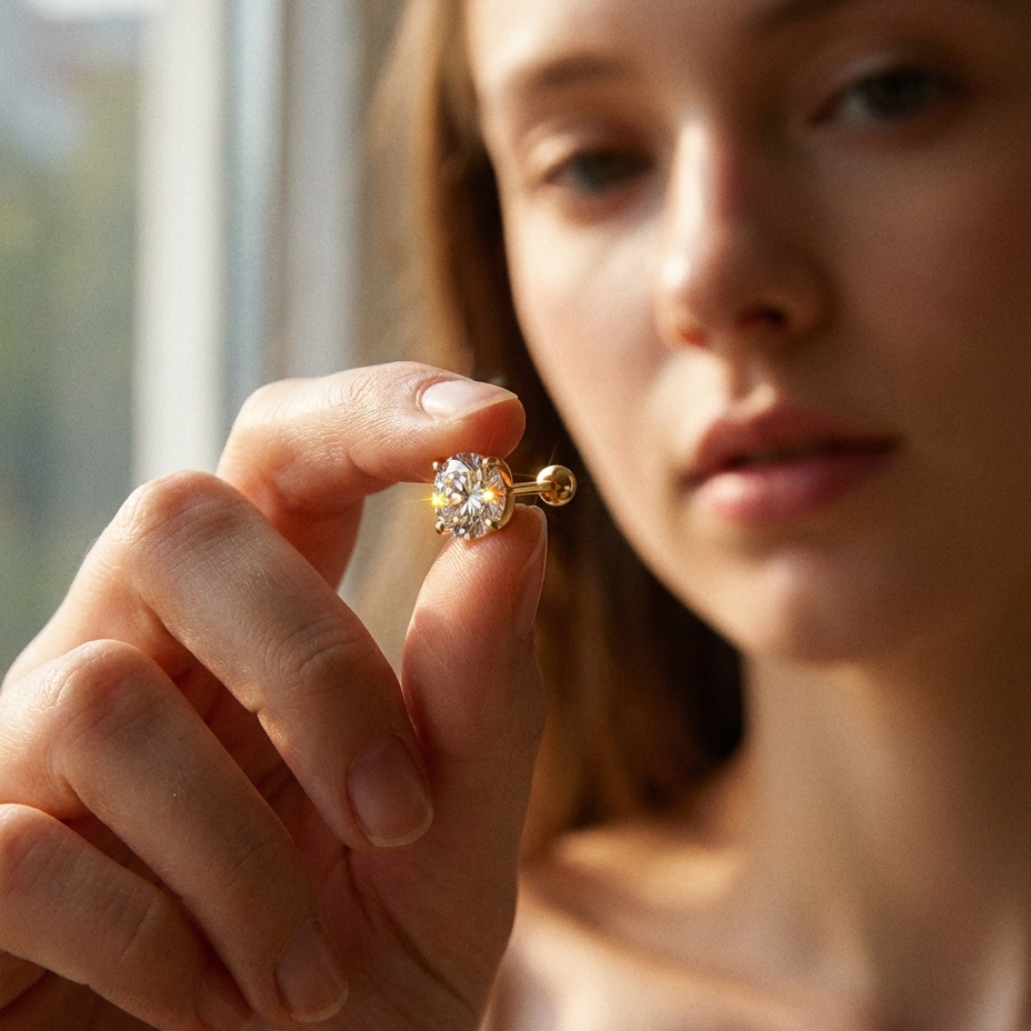 The MOHRA gold solitaire moissanite stud worn on the ear, four-claw setting