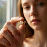 The MOHRA gold solitaire moissanite stud worn on the ear, four-claw setting