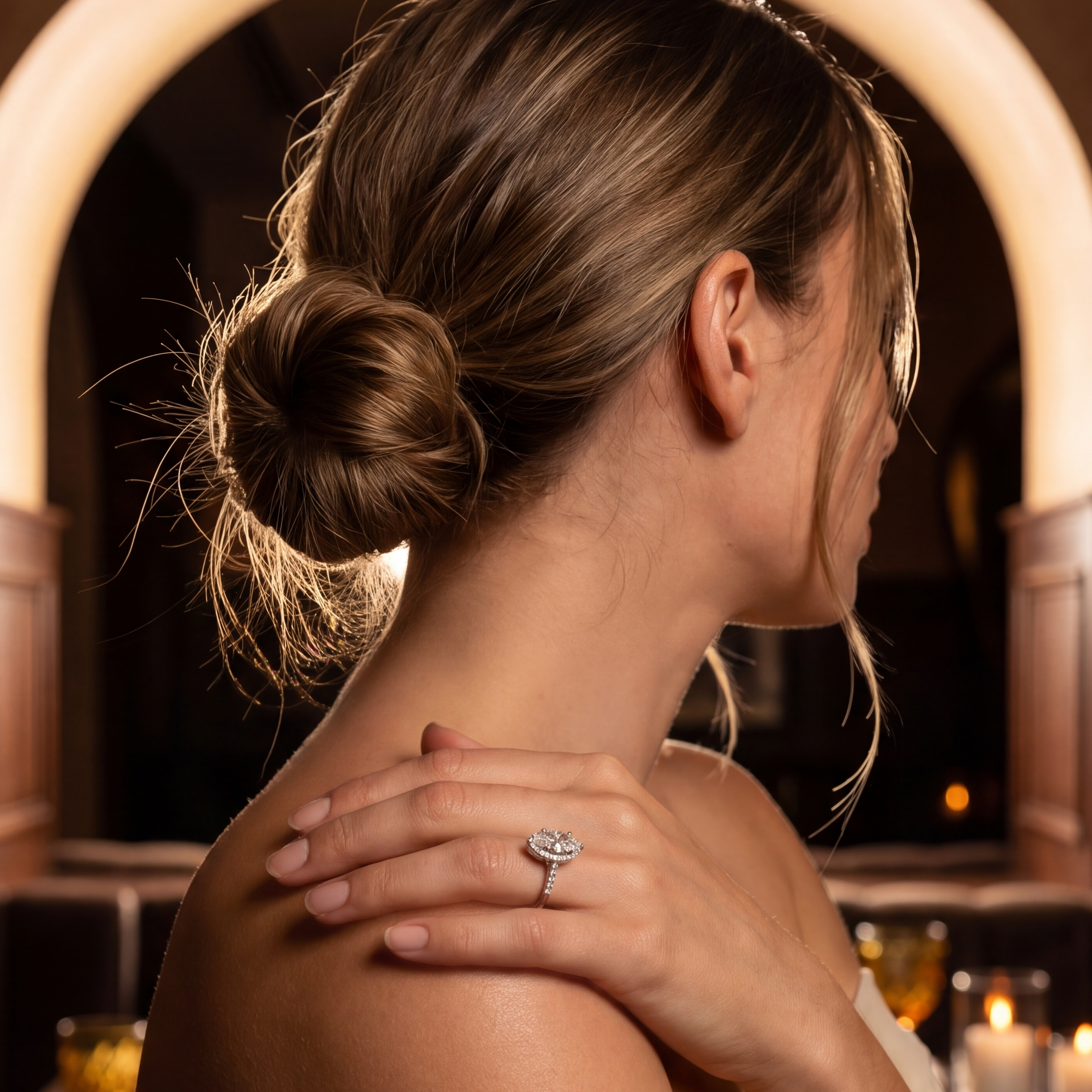 Woman in a restaurant setting with a ring on her finger, back to the camera