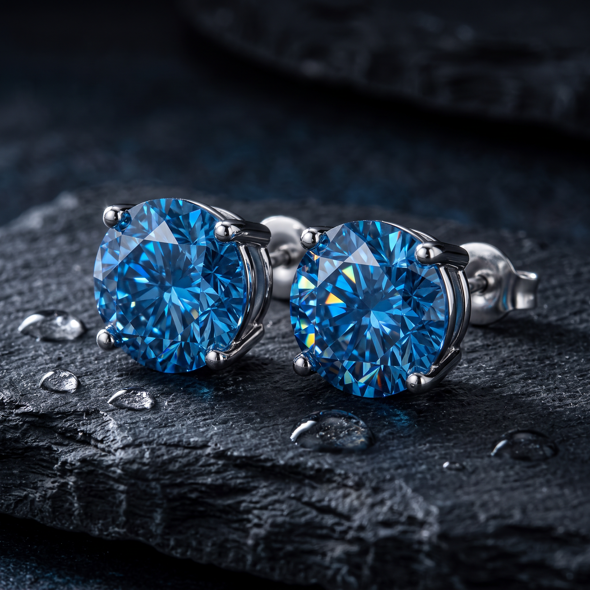 The MOHRA Blue Moissanite Studs pair, rhodium-plated sterling silver four-prong studs