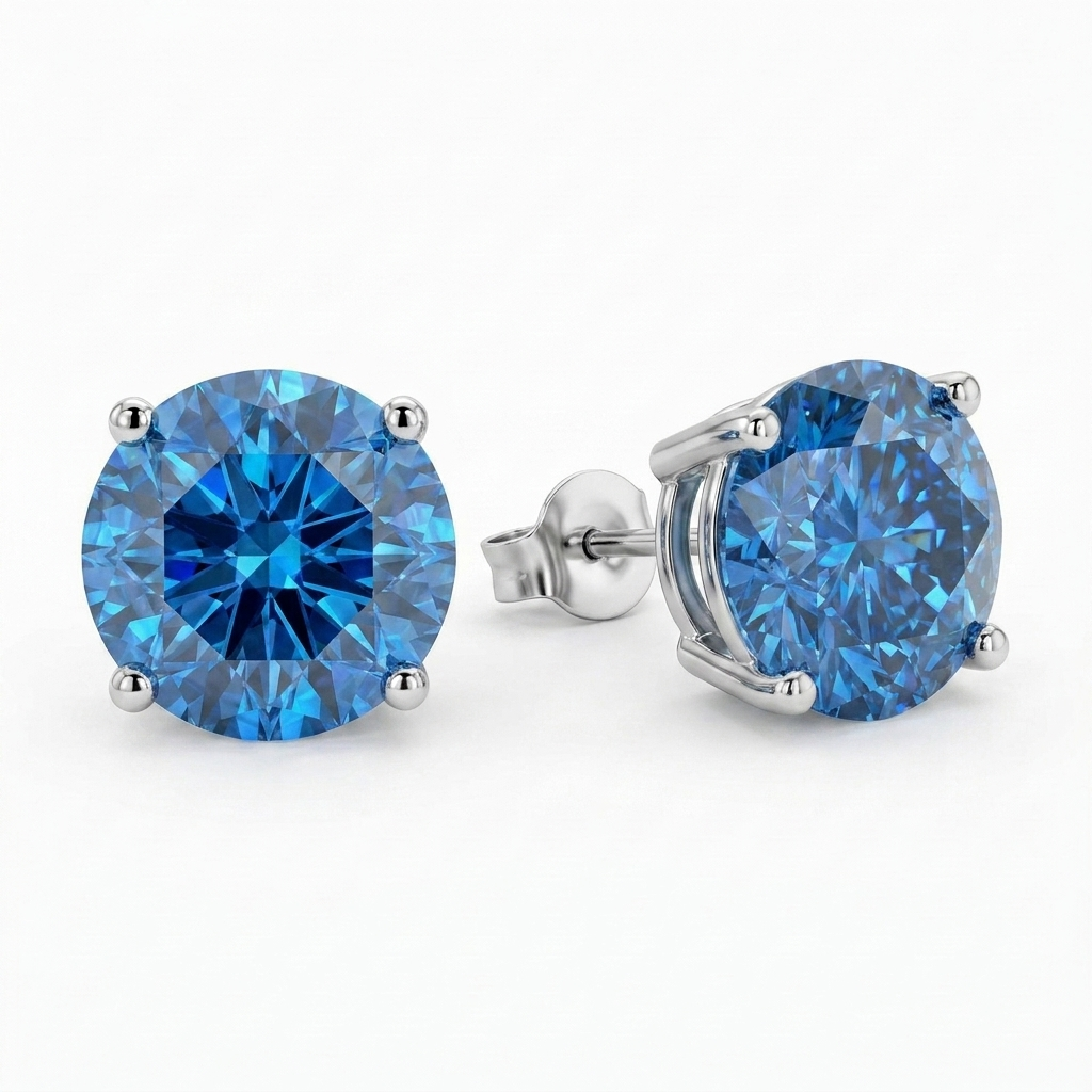 The MOHRA Blue Moissanite Studs, 2ctw round brilliant blue moissanite in rhodium-plated silver