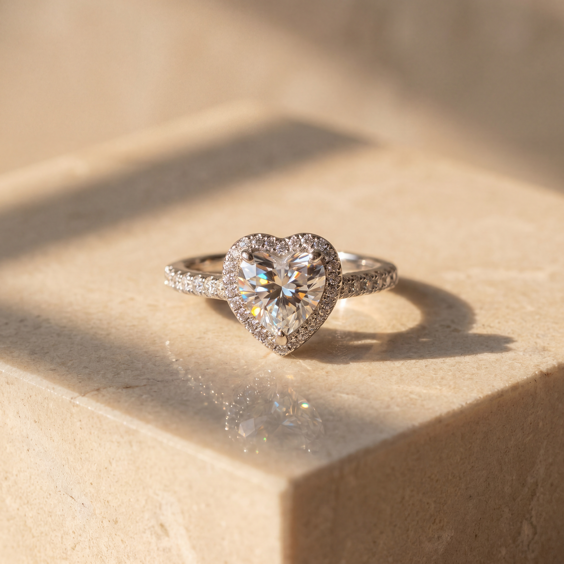 Heart-shaped diamond ring on a textured beige surface