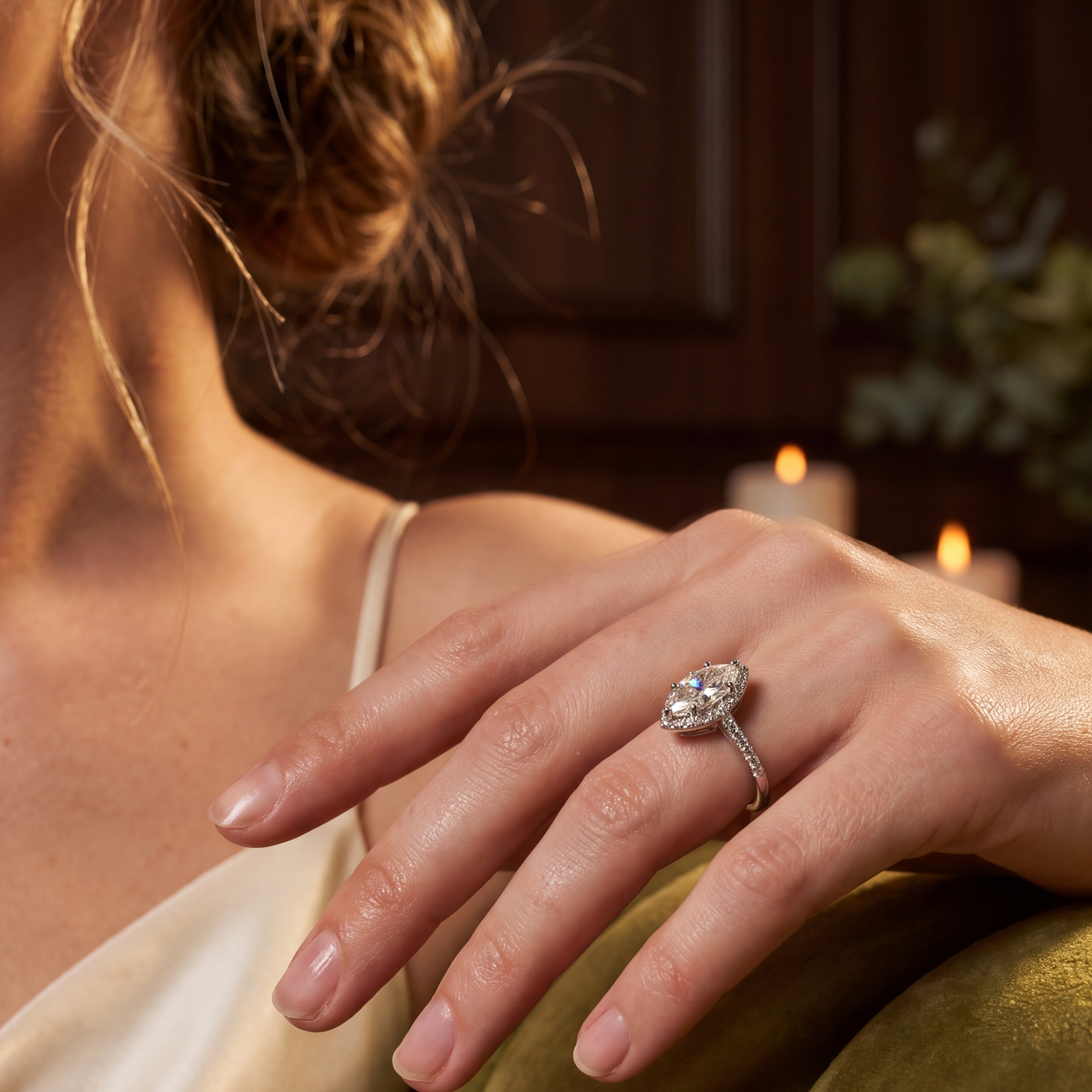 Close-up of a hand wearing a ring with a blurred background
