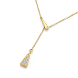Gold necklace with a triangular pendant on a white background