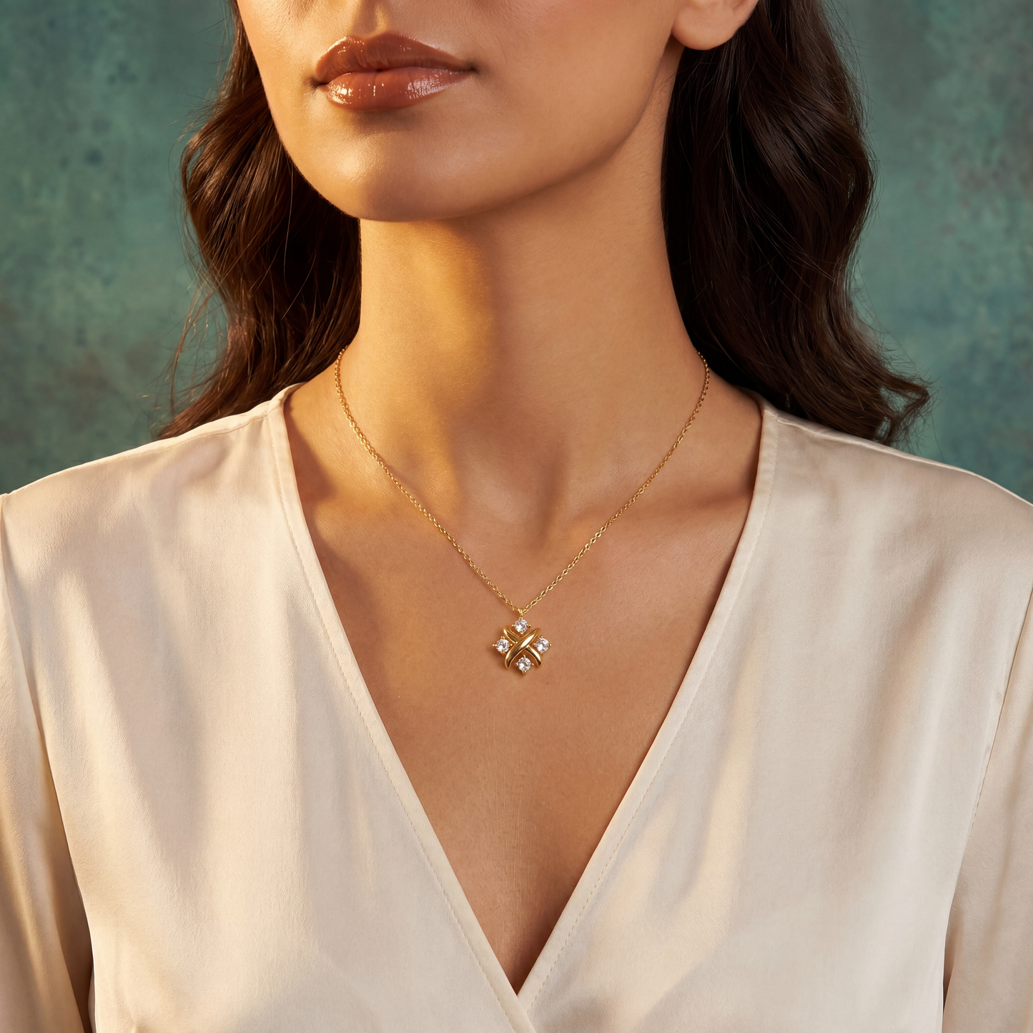 Woman wearing a gold necklace with a floral pendant against a teal background