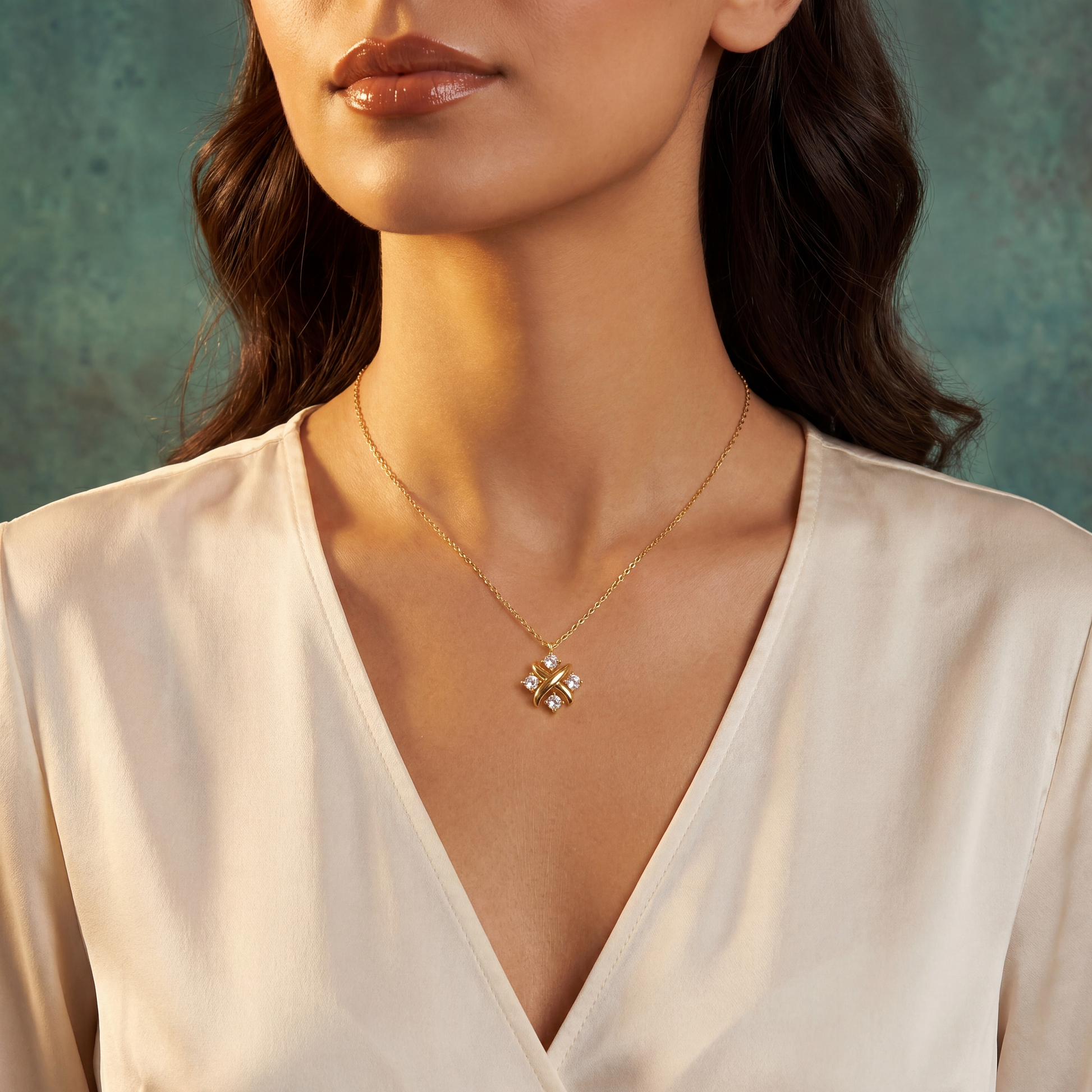 Woman wearing a gold necklace with a floral pendant against a teal background