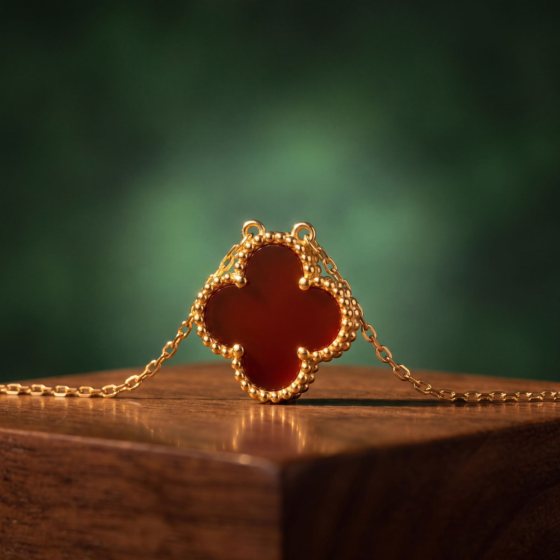 Gold necklace with a red clover pendant on a wooden surface with a green background