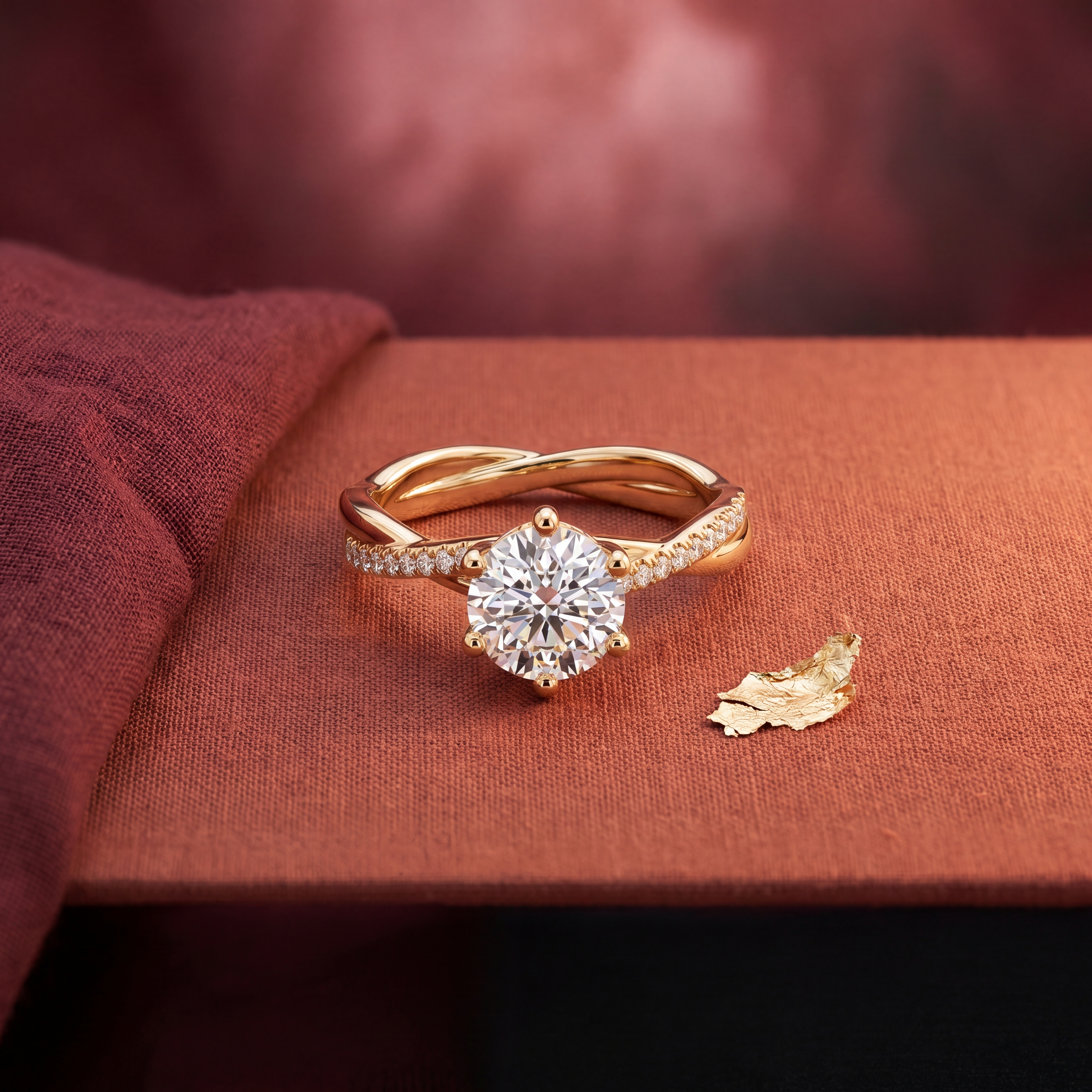 Rose gold ring with a large diamond on a red fabric background