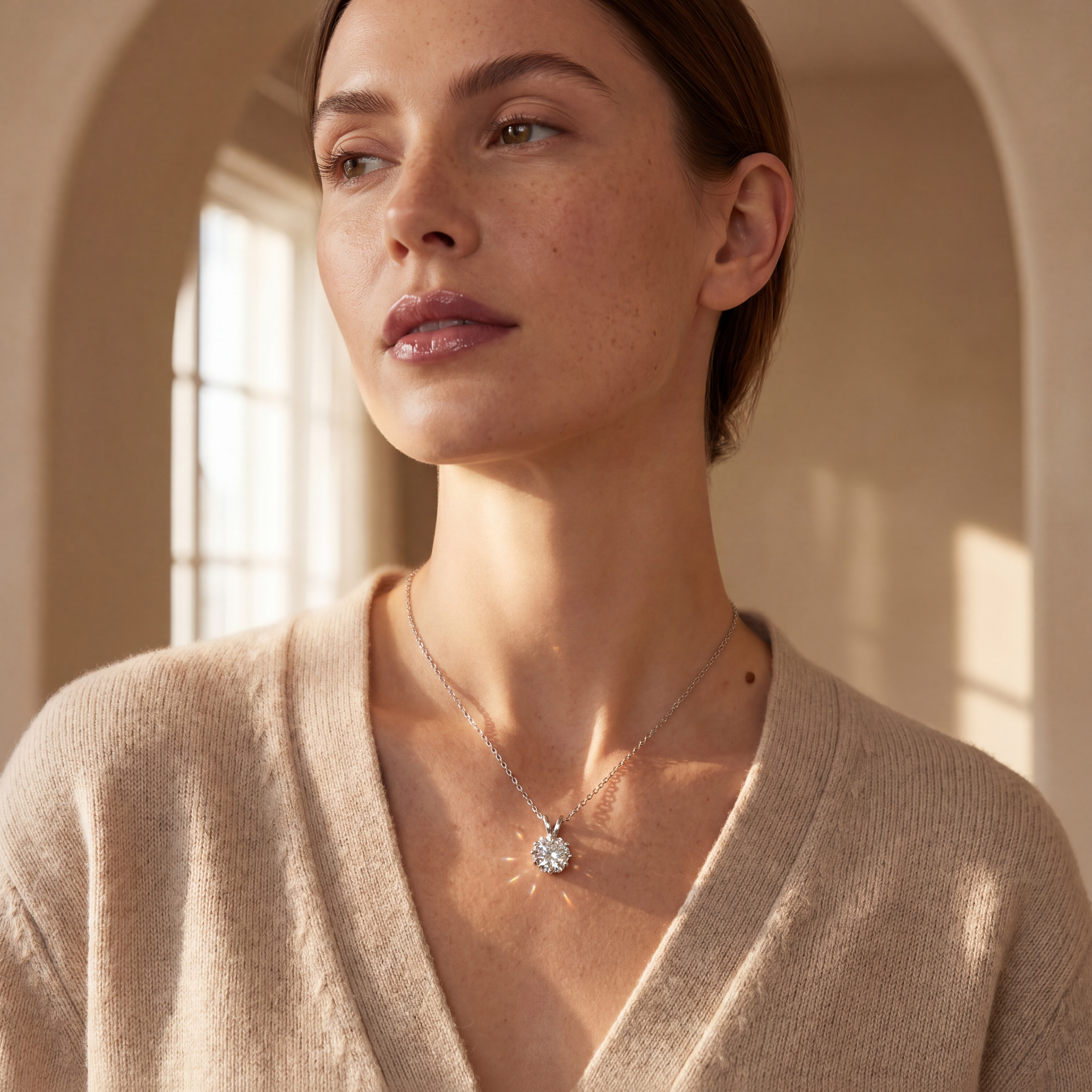 Woman wearing a necklace with a diamond pendant in a softly lit room.