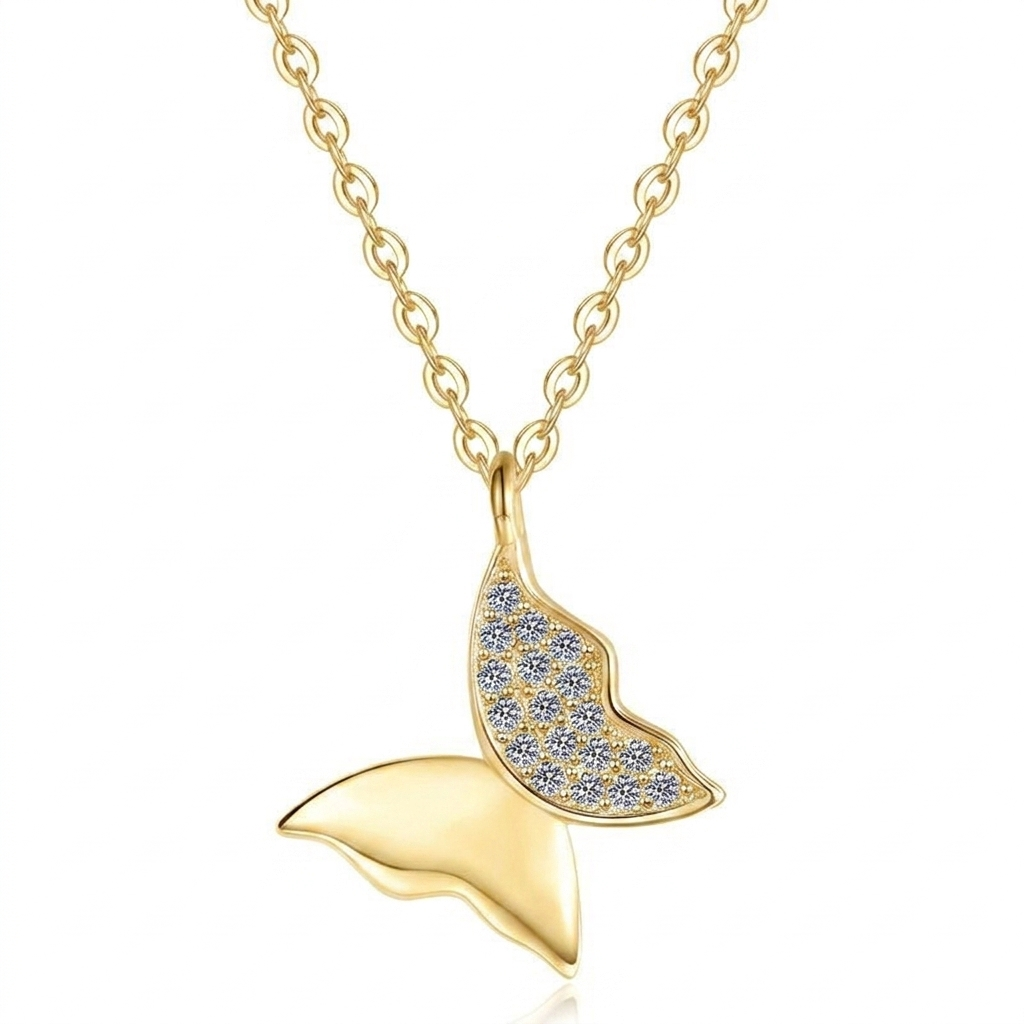 The MOHRA Butterfly Pendant in S925 sterling silver with 18K gold finish, set with VVS1 moissanite