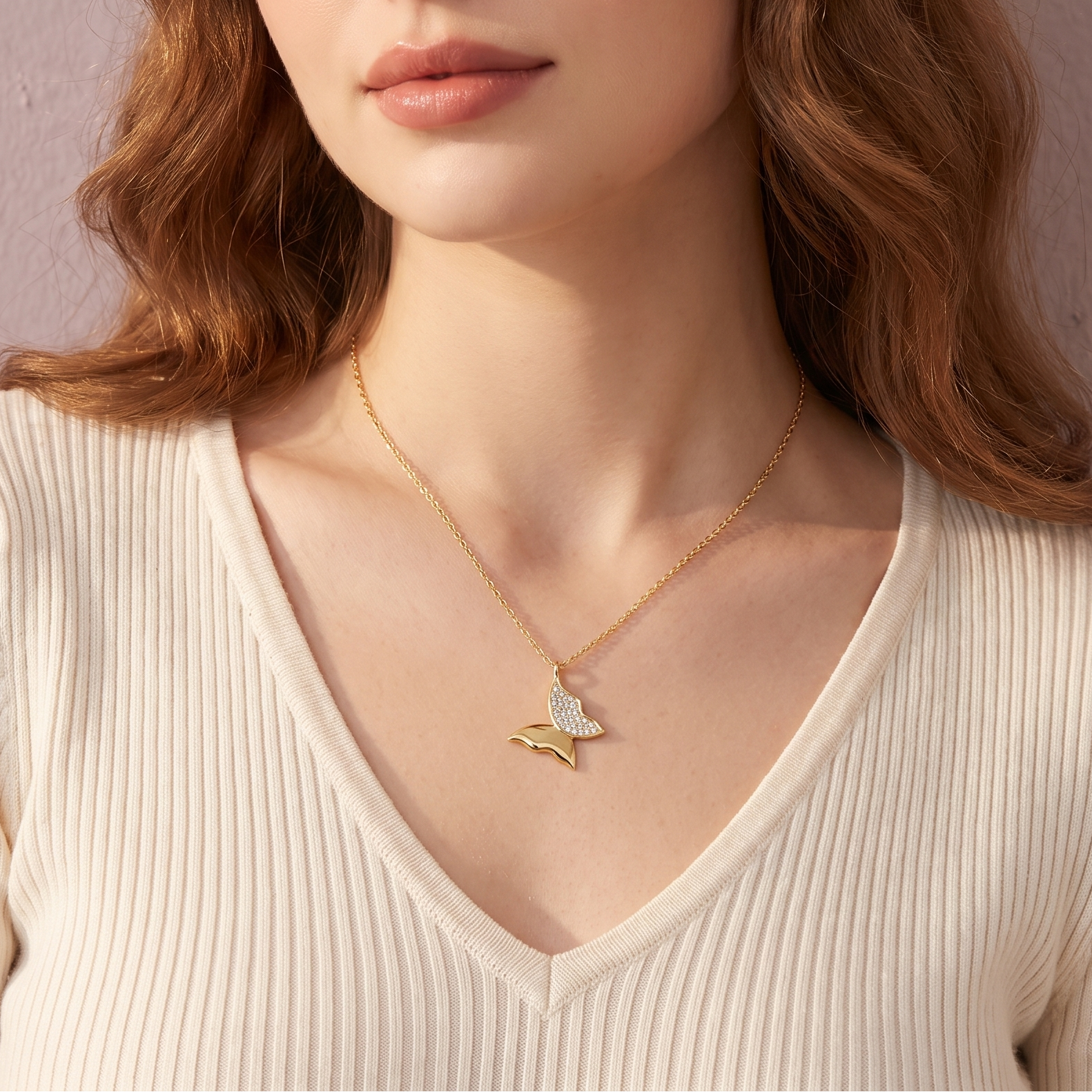 The MOHRA Butterfly Pendant — brilliant VVS1 moissanite on one wing, high-polish gold on the other