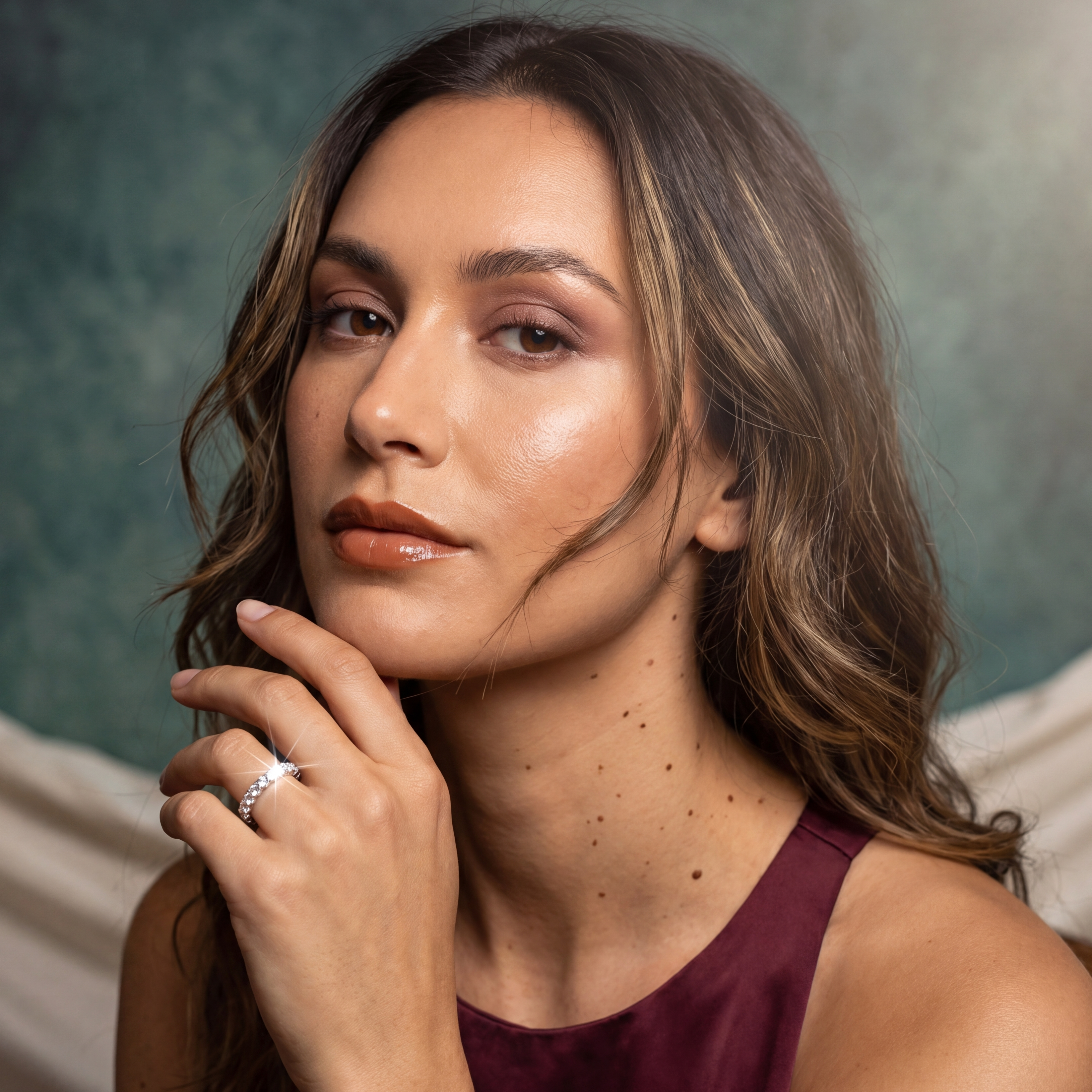 Woman with hand on chin against a textured wall background