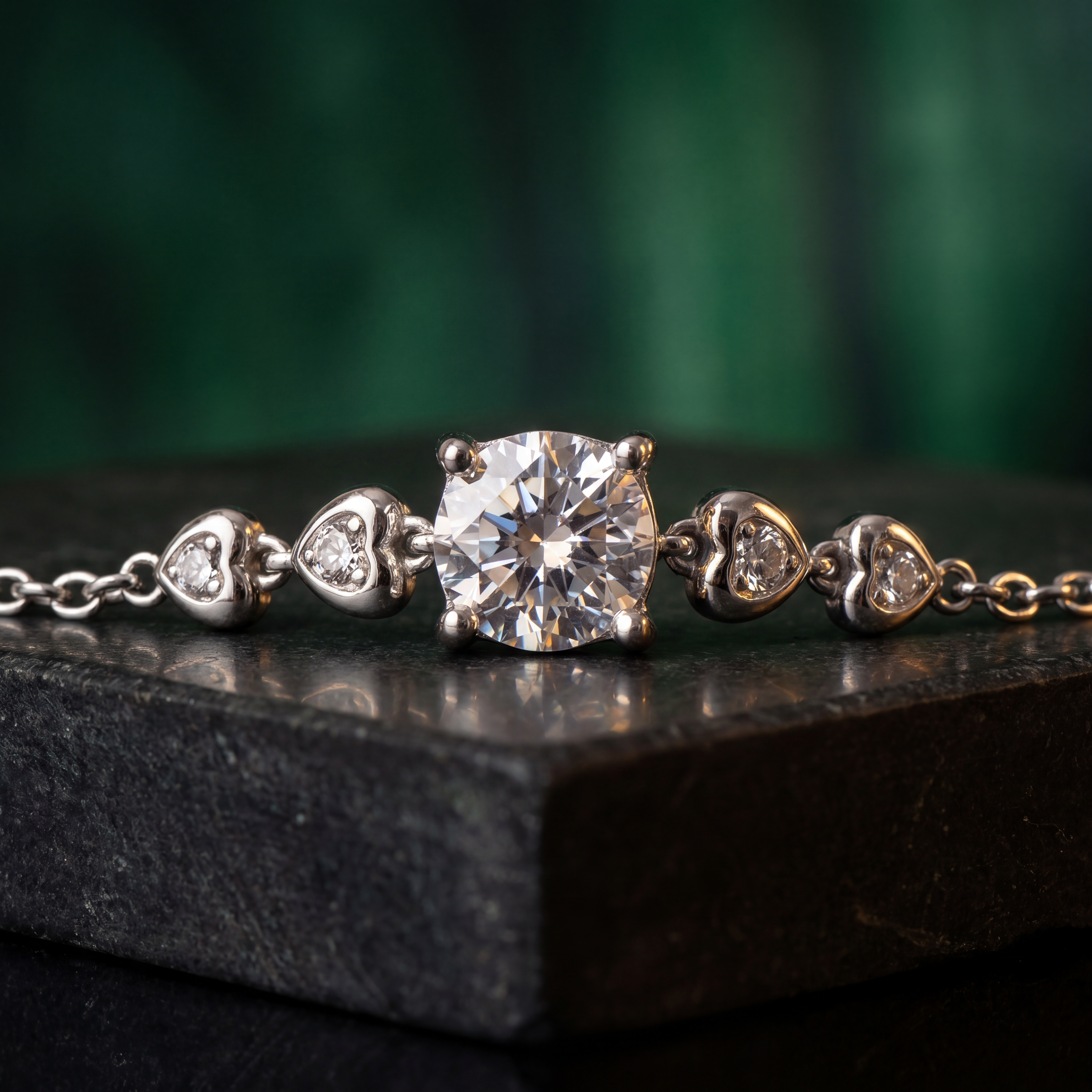 Diamond bracelet on a dark surface with a blurred green background
