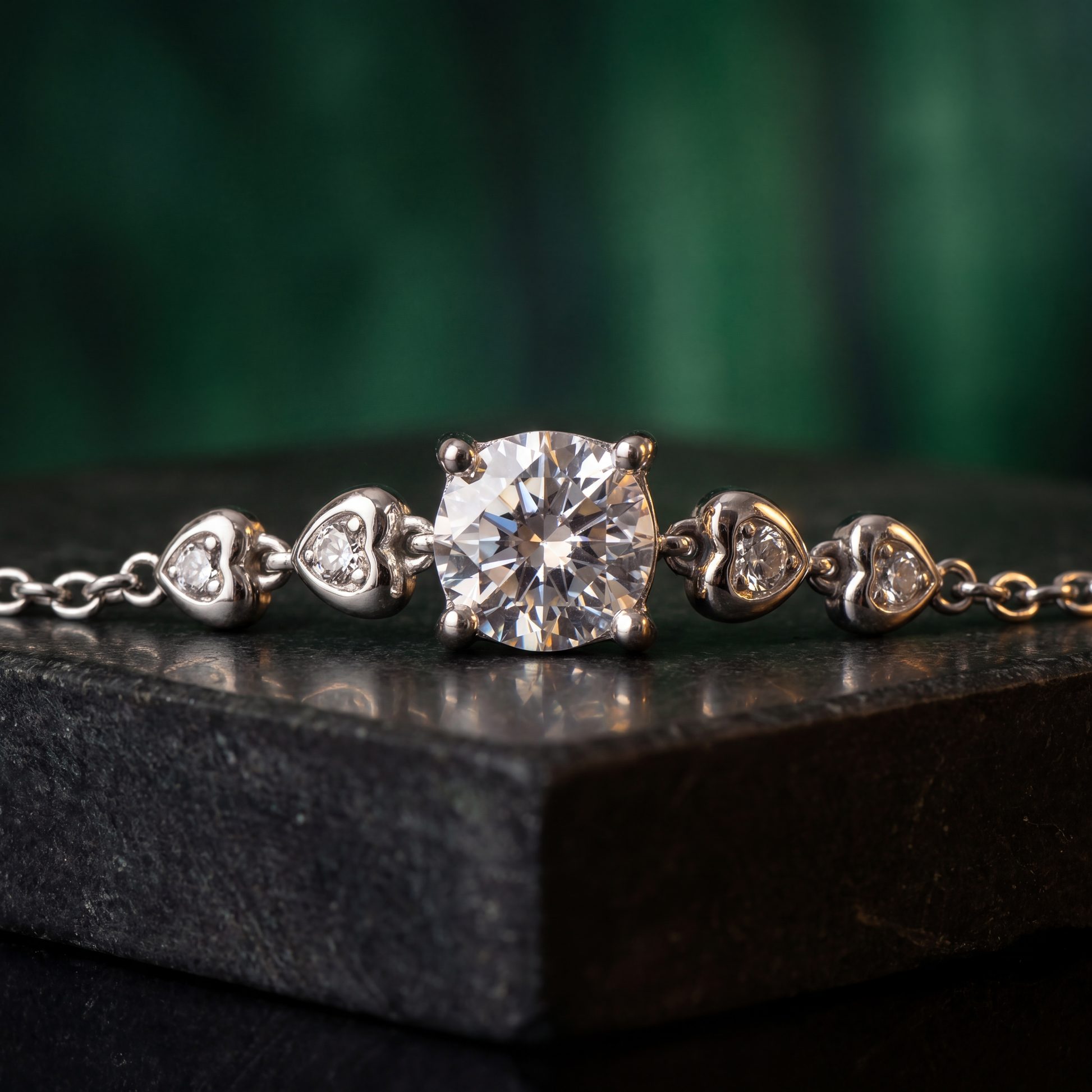Diamond bracelet on a dark surface with a blurred green background