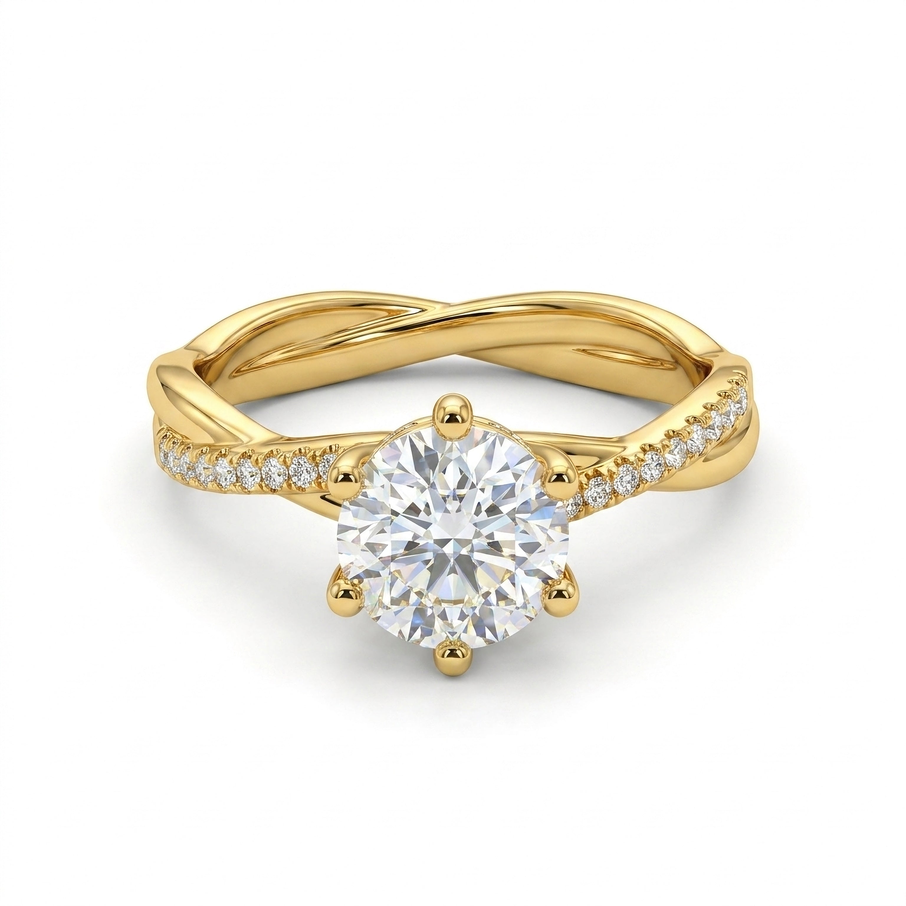 Gold ring with a large diamond and smaller diamonds on the band against a white background